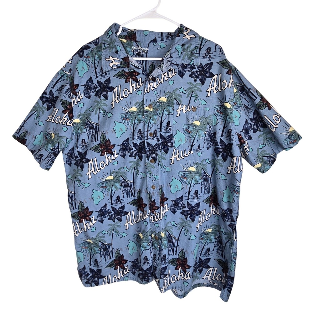 Croft‎ & Barrow Men's XXL Hawaiian Aloha Shirt Blue Cotton Short Sleeve Casual